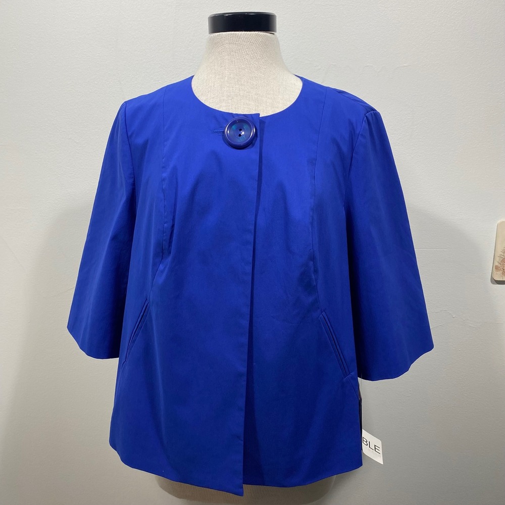Peter Nygard Women's 14 Blue Swing Stretch 3/4 Sleeve‎ Button Front Jacket NEW